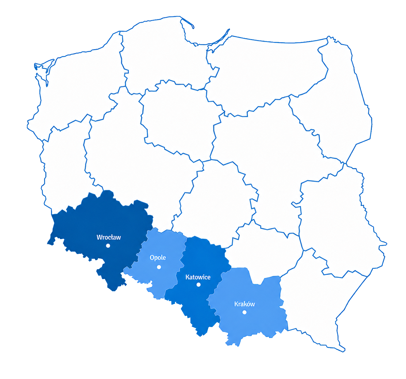 Mapa Polski – obszar działania CrystalShine: województwa śląskie, opolskie, dolnośląskie i małopolskie